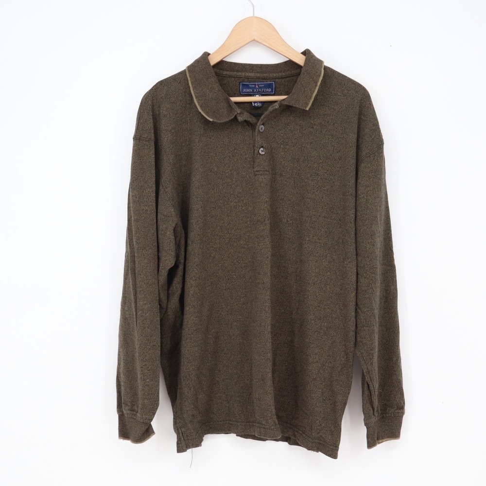 John Ashford Polo Shirt Mens L Long Sleeve Olive Green Textured Knit Excellent